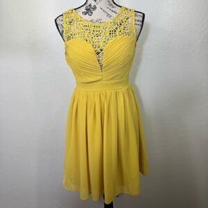 Maniju dress high neck crotchet‎ sleeveless flare prom Yellow Lace formal Dress